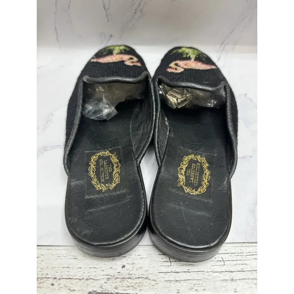 Larkspur‎ Collection Vintage Pink Flamingo in Black Mules Slide Shoes Flats L